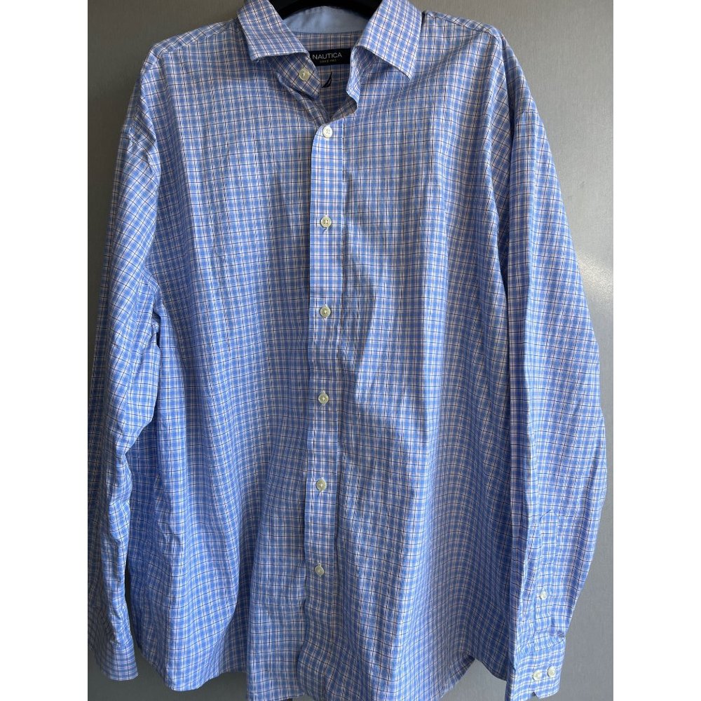 Nautica Button Front Blue Check Shirt Mens Size 34/35
